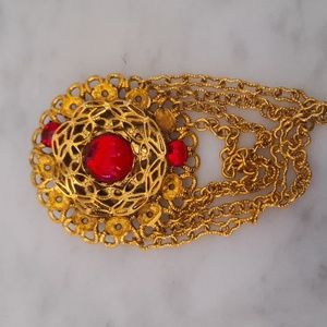 Vintage  Fringe Red Lucite Unusual Wavy Filigree Brooch